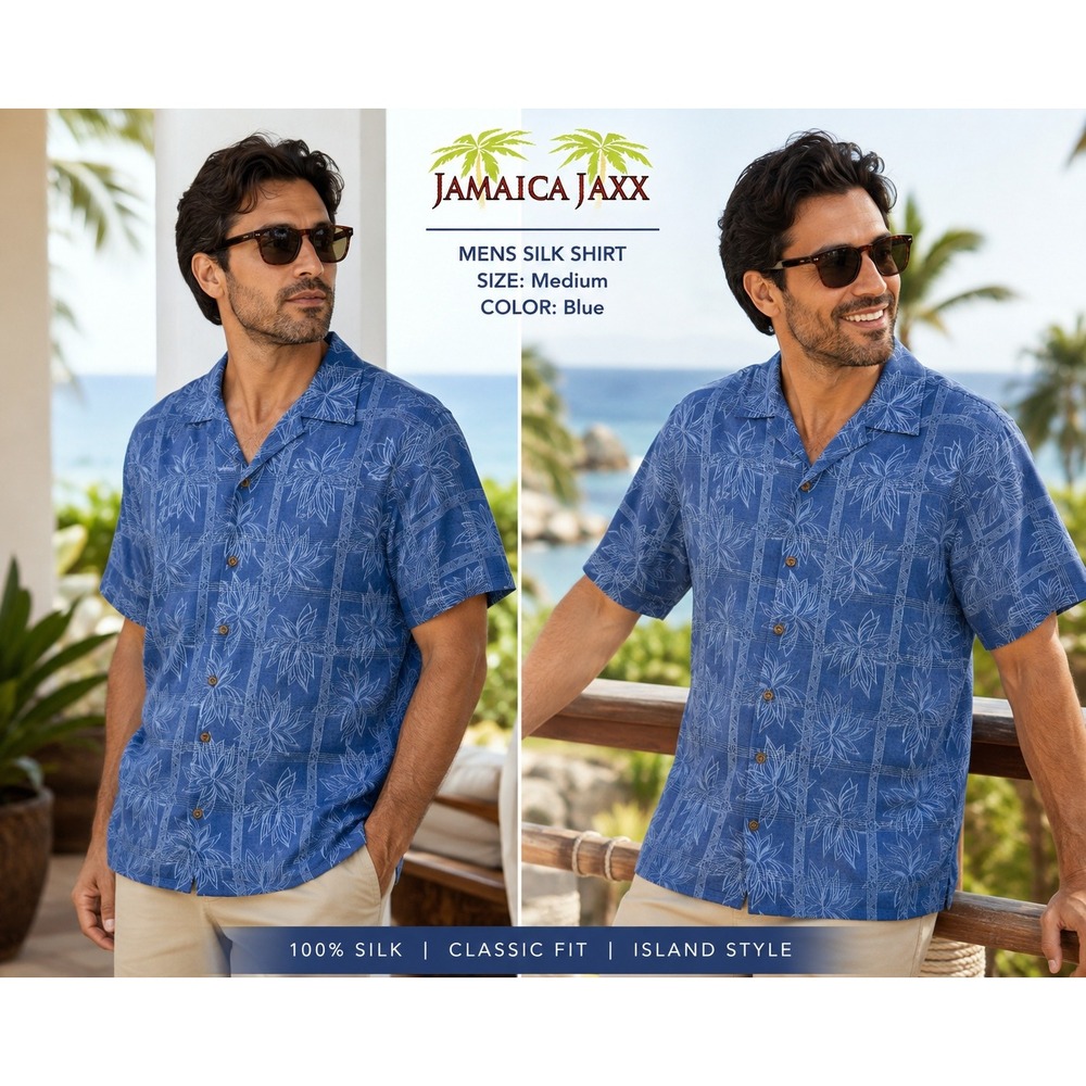 Jamaica Jaxx Mens M Silk Hawaiian Shirt Blue Floral Jacquard Camp Aloha #1868